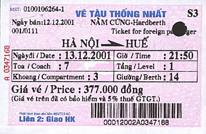 Zugfahrkarte Hanoi - Hue 13./14.12.