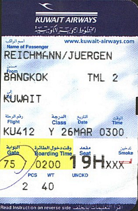 Bordkarte Flug Bangkok - Kuwait