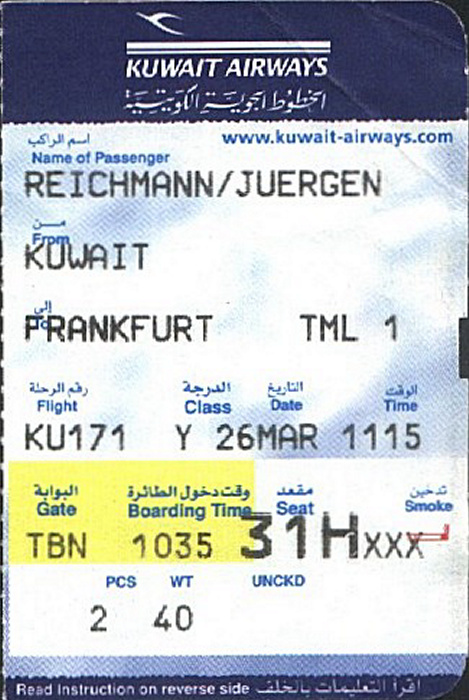 Kuwait-Stadt Bordkarte Flug Kuwait - Frankfurt/Main