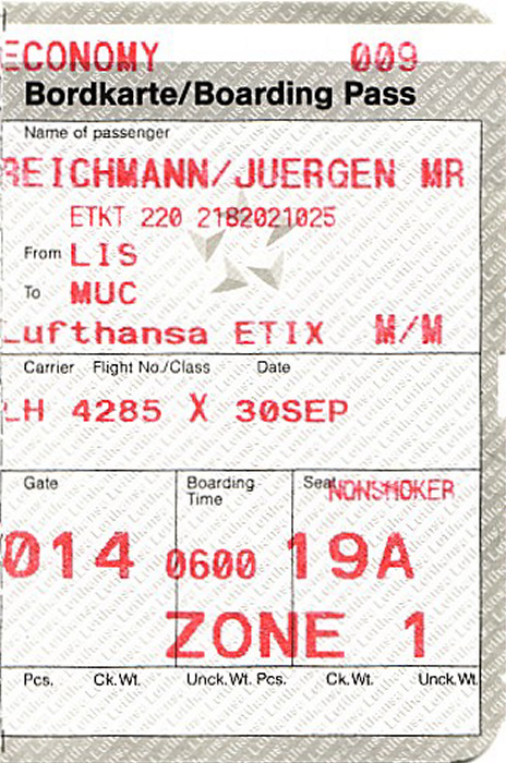 Bordkarte Flug Lissabon - München
