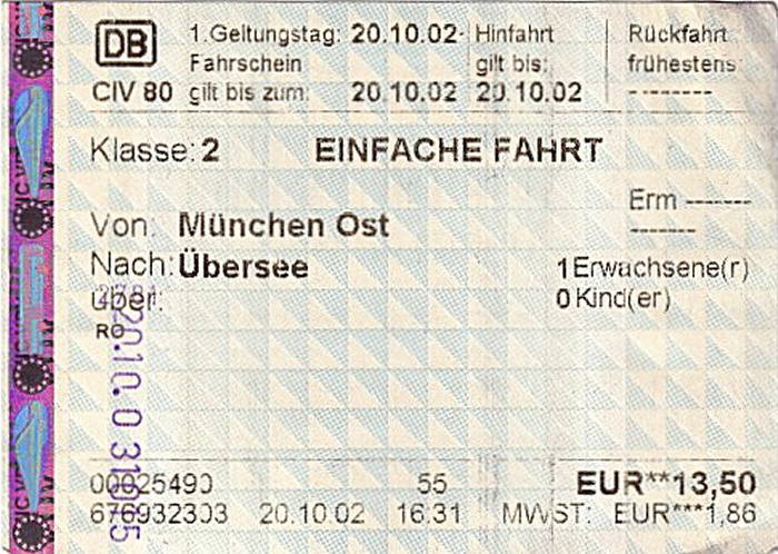 Bahnfahrkarte München Ost - Übersee