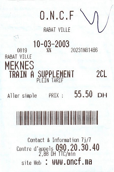 Bahnfahrkarte Rabat - Meknes
