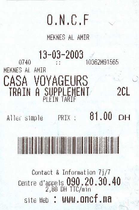 Bahnfahrkarte Meknes - Casablanca