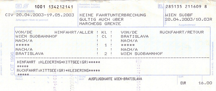 Bahnfahrkarte Wien Südbahnhof - Bratislava hl.st. / Bratislava-Petrzalka - Wien Südbahnhof