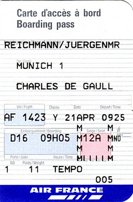 Bordkarte Flug München - Paris