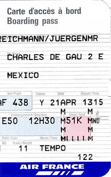 Bordkarte Flug Paris - Mexiko-Stadt