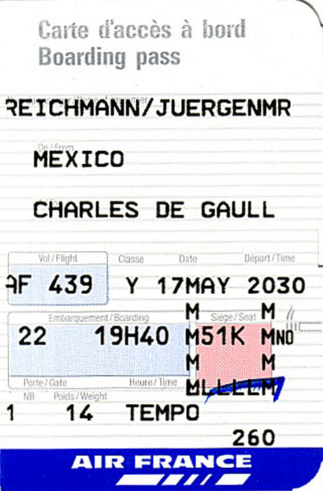 Bordkarte Flug Mexiko-Stadt - Paris 17./18.5.