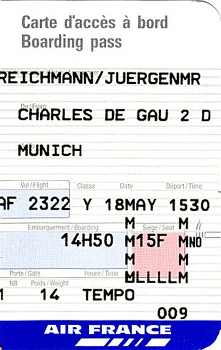 Bordkarte Flug Paris - München
