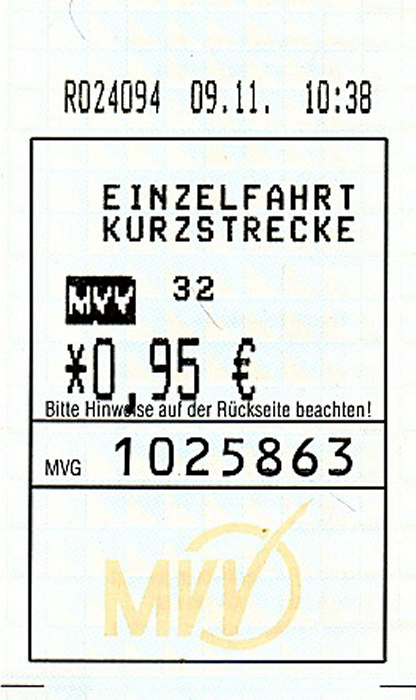 München MVV-Einzelfahrkarte Kurzstrecke (bargeldlos)