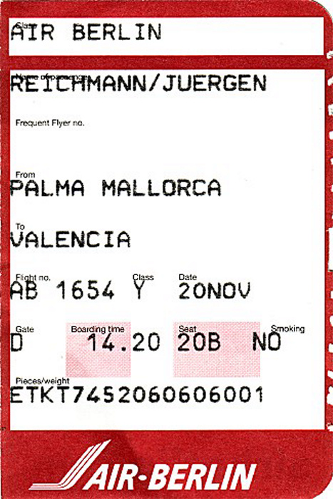 Bordkarte Flug Palma de Mallorca - Valencia (Air Berlin)