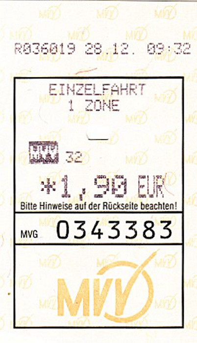 München MVV-Einzelfahrkarte (bargeldlos)