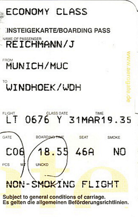 Bordkarte Flug München - Windhoek (LTU) 31.3./1.4.