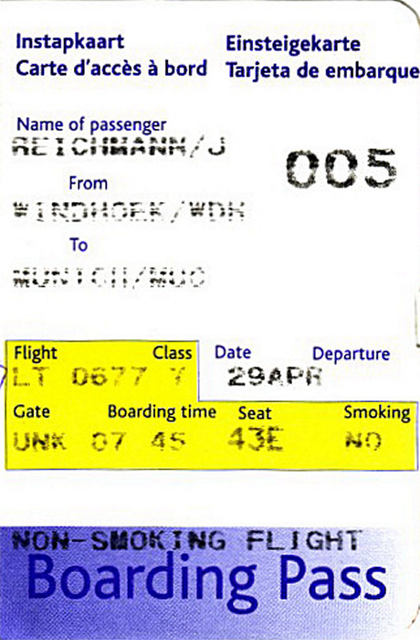 Bordkarte Flug Windhoek - München (LTU)