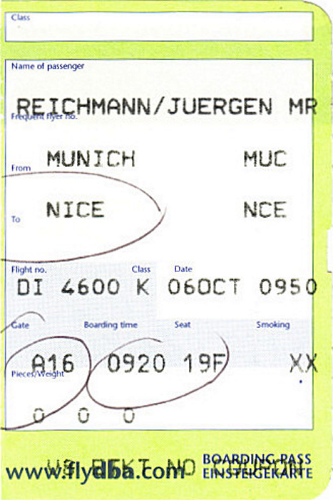 Bordkarte Flug München - Nizza (dba)