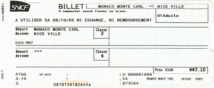 Zugfahrkarte Monaco - Nizza