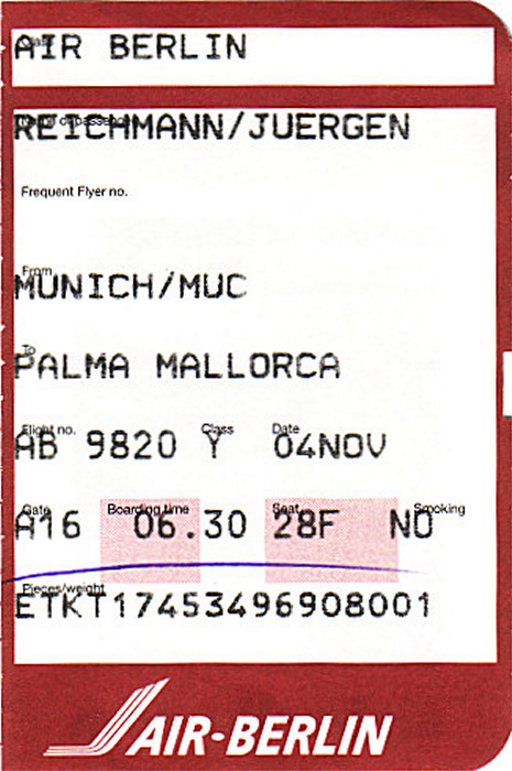 Bordkarte Flug München - Palma de Mallorca (Flug gestrichen) (Air Berlin)