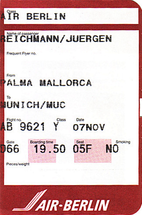 Bordkarte Flug Palma de Mallorca - München (Air Berlin)