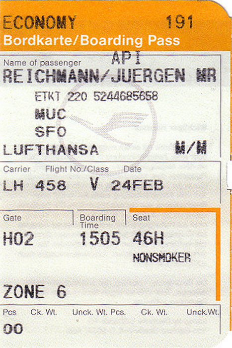 Bordkarte Flug München - San Francisco