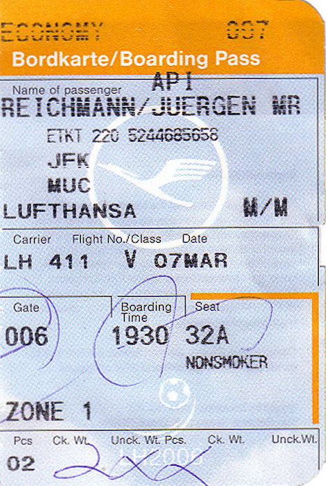 New York City Bordkarte Flug New York-JFK - München 7.-8.3. (Lufthansa)