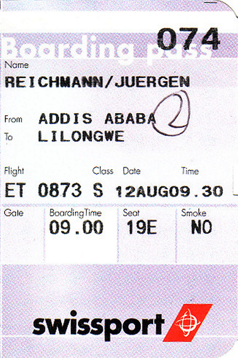 Bordkarte Flug Addis Abeba - Lusaka - Lilongwe (Ethiopian Airlines)