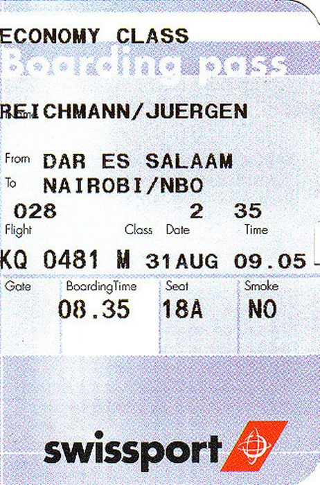 Bordkarte Flug Daressalam - Nairobi (Kenya Airways)