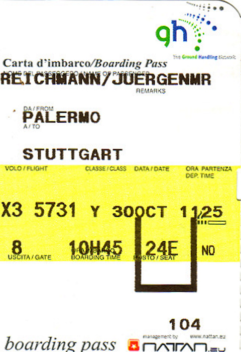 Bordkarte Flug Palermo - Stuttgart