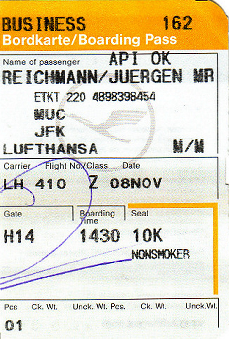 Bordkarte Flug München - New York-JFK (Lufthansa)