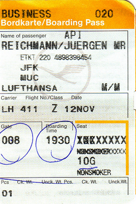 New York City Bordkarte Flug New York-JFK - München 12./13.11. (Lufthansa)