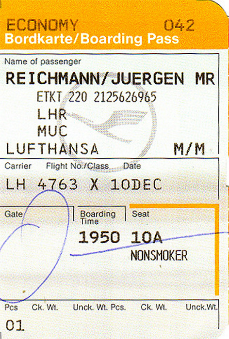 Bordkarte Flug London-Heathrow - München (Lufthansa)