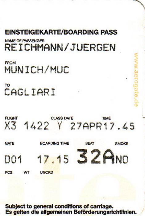 Bordkarte Flug München - Cagliari (TUIfly)