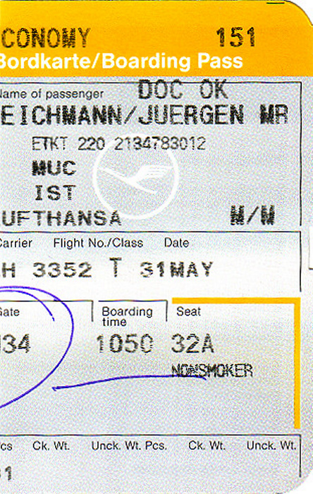 Bordkarte Flug München - Istanbul