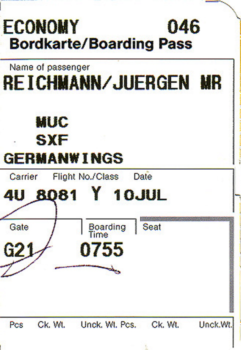 Bordkarte Flug München - Berlin-Schönefeld (germanwings)