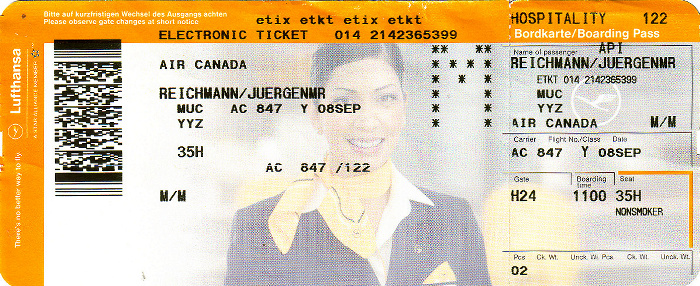 Bordkarte Flug München - Toronto (Air Canada)