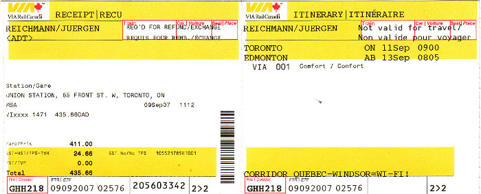 Zug Toronto - Winnipeg - Edmonton 11.-13.9.