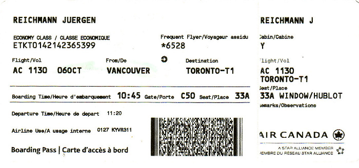 Bordkarte Flug Vancouver - Toronto (Air Canada)