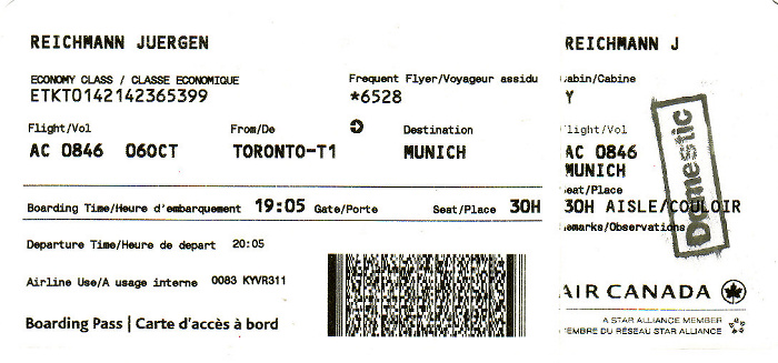 Bordkarte Flug Toronto - München 6./7.10. (Air Canada)