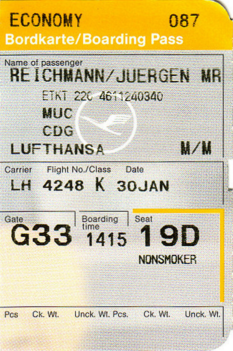 Bordkarte Flug München - Paris-CDG (Lufthansa)