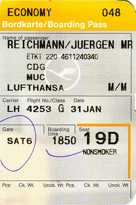 Bordkarte Flug Paris-CDG - München (Lufthansa)