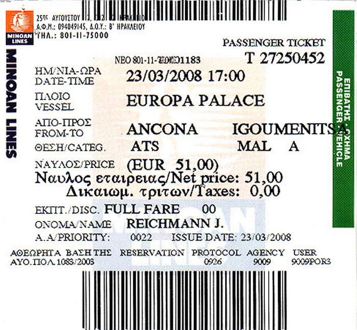 Personenfahrkarte Fähre Ancona - Igoumenitsa 23./24.3.