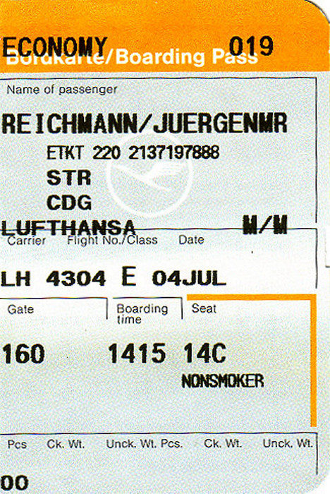 Bordkarte Flug Stuttgart - Paris-CDG (Lufthansa)