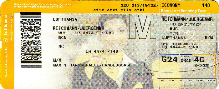 Bordkarte Flug München - Barcelona (Lufthansa)