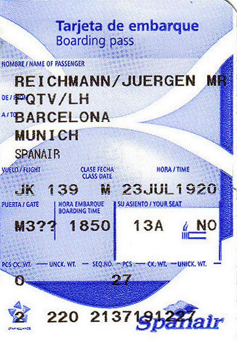 Bordkarte Flug Barcelona - München (Spanair)