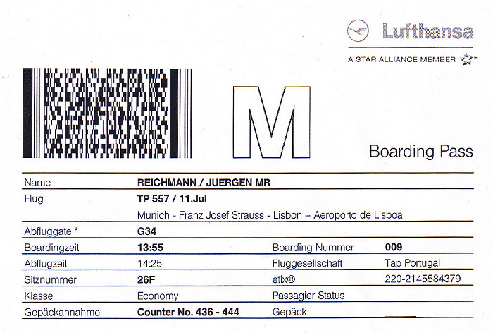 Bordkarte Flug München - Lissabon (TAP)