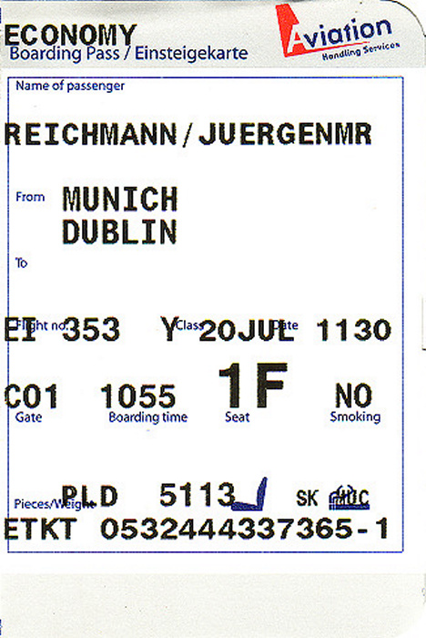 Bordkarte Flug München - Dublin (Aer Lingus)