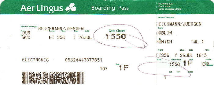 Bordkarte Flug Dublin - München (Aer Lingus)