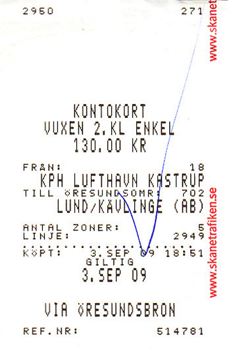 Bahnfahrkarte Kopenhagen-Kastrup - Malmö - Lund