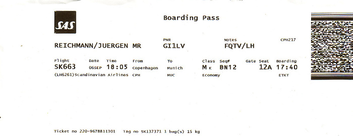 Bordkarte Flug Kopenhagen - München (SAS)