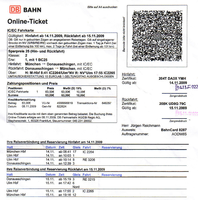Bahnfahrkarte München - Ulm - Donaueschingen 14.11. / Donaueschingen - Ulm - München 15.11.