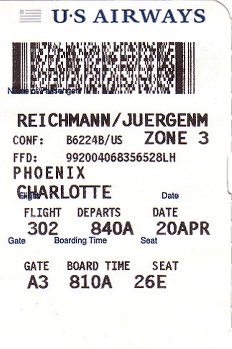 Bordkarte Flug Phoenix - Charlotte (US Airways)