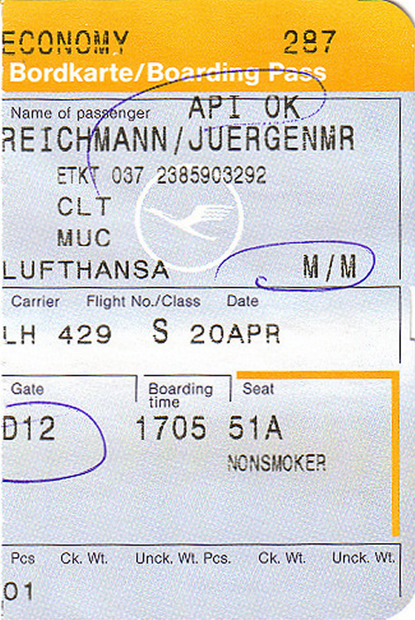 Bordkarte Flug Charlotte - München (Lufthansa)